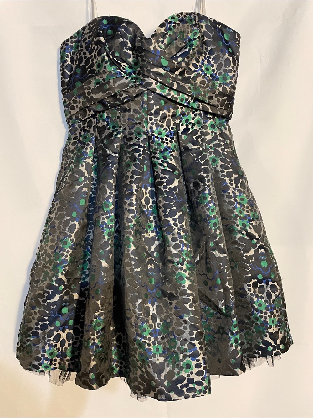 BCBGMaxAzria Strapless Fit-and-Flare Dress in Black, Green and Blue, sz 4